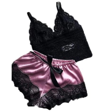 New Sexy Women Ladies Lingerie Sleepwear 2pcs Silk Satin Lace Bra