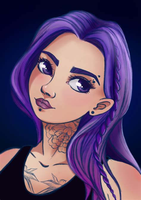 Cartoony Portrait Girl With Tattoos Inartbee Digital Art Violet Hair Girl Tattoos Cartoon