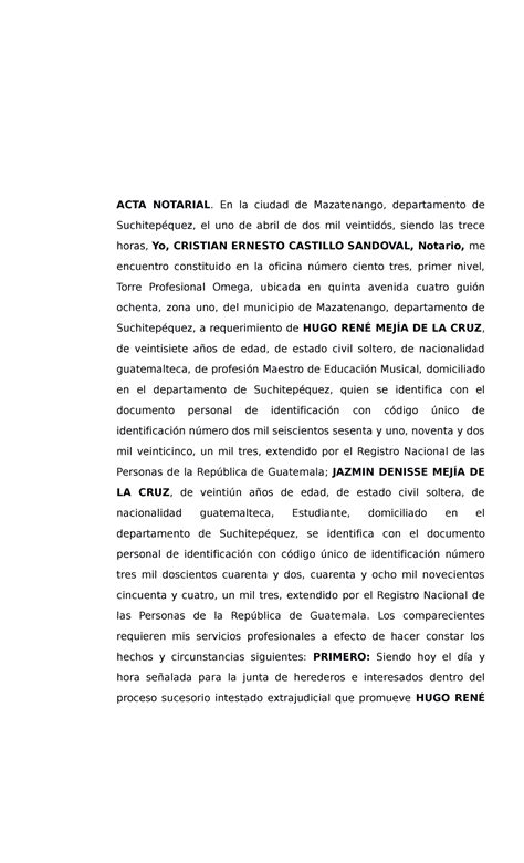 Acta de Junta de Herederos Denisse Mejía Padre ACTA NOTARIAL En