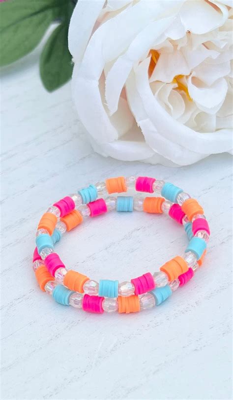 Heishi Bracelet Beaded Bracelet Light Blue Hot Pink Orange Acrylic Bead