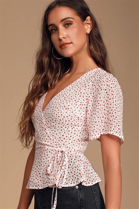 Lulus Exclusive Let The Good Times Roll In The Lulus Destini White And Red Polka Dot Wrap Top