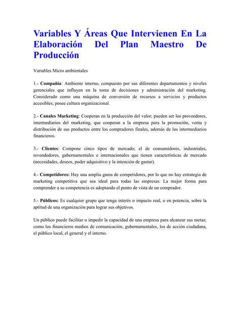 Variables Y Areas Que Intervienen En La Elaboracion Del Plan Maestro De