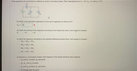 Solved Three Capacitors Are Connected To A Battery As Shown Chegg
