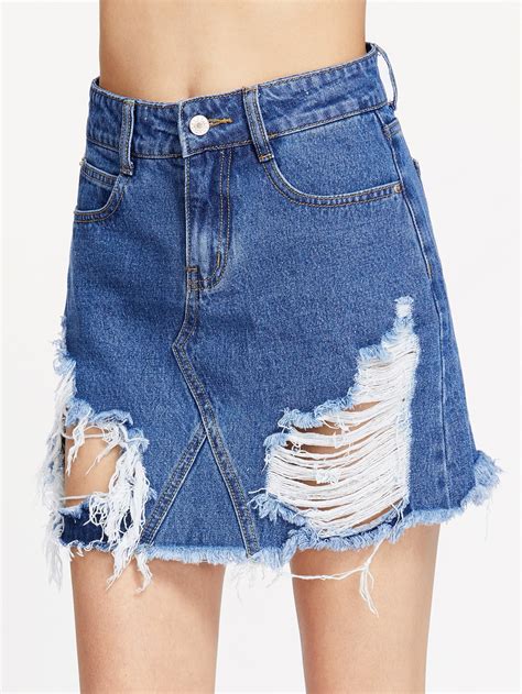 Distressed A Line Denim Skirt Sheinsheinside