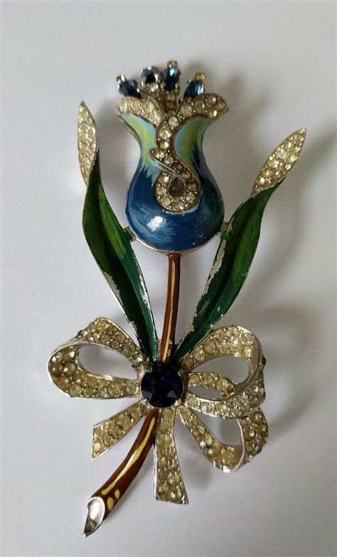 Huge Vintage Coro Rhinestone Enamel Flower Pin Brooch Brooch Coro