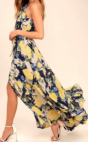 Precious Memories Navy Blue And Yellow Floral Print Maxi Dress Best