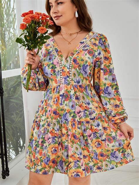 SHEIN VCAY mais Vestido impressão floral amarrado sem costas manga da