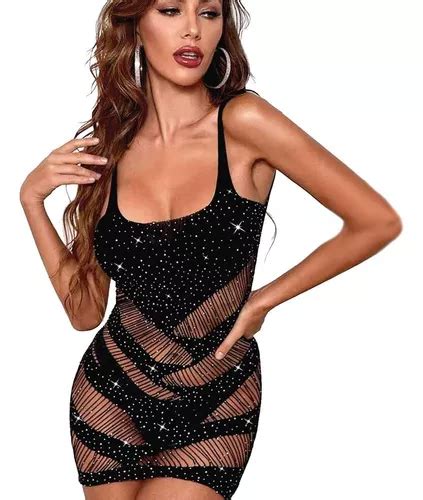 Vestido Lingerie Sexy Arrastão Strass Sensual Luxo Preto Frete grátis