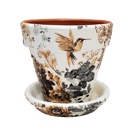 Handmade Decoupage Terra Cotta Indoor Flowerpot Gardenia Hummingbirds