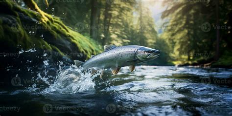 Wild Chinook Salmon Fish Jumping Out Of River Water In A Forest Ai