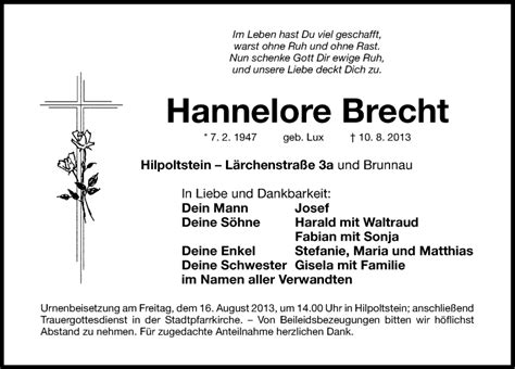 Traueranzeigen Von Hannelore Brecht Trauer Nn De