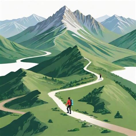 Person Hiking Along A Mountain Trail Map Cartoon Vector Set White