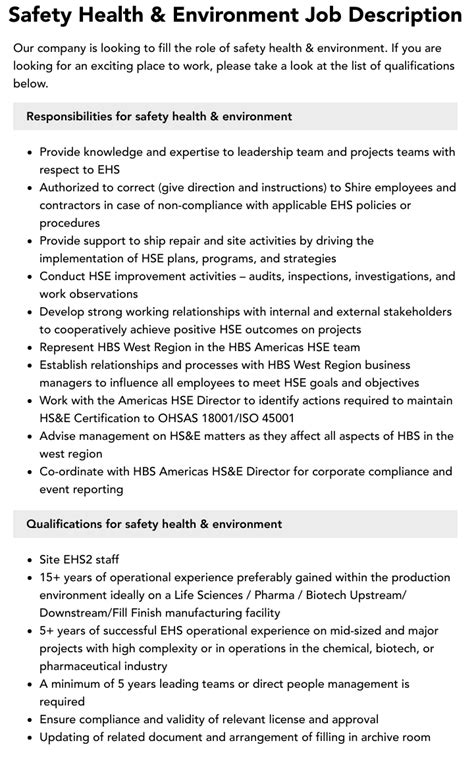 Safety Health And Environment Job Description Velvet Jobs