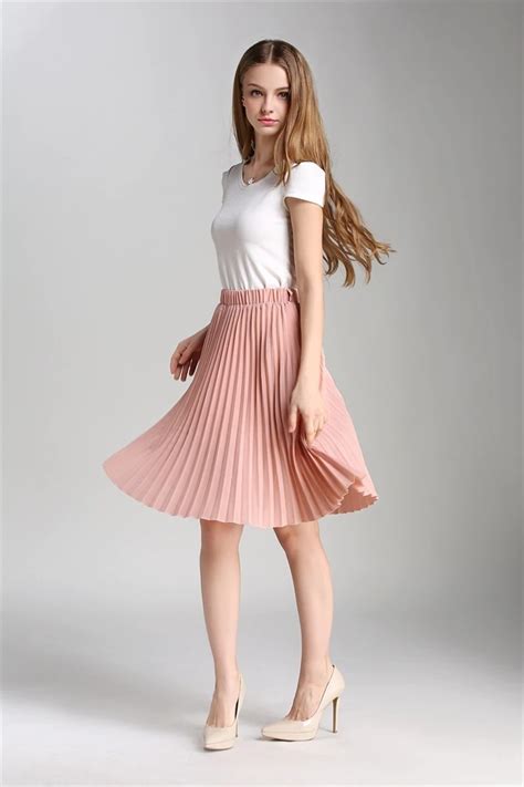 Black Knee Length High Elastic Waist Pleated Women Skirt Casual Spring