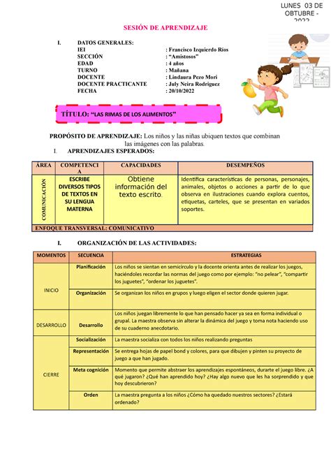 Jueves Sesi N De Aprendizaje Las Rimas De Los Alimentos Sesi N De