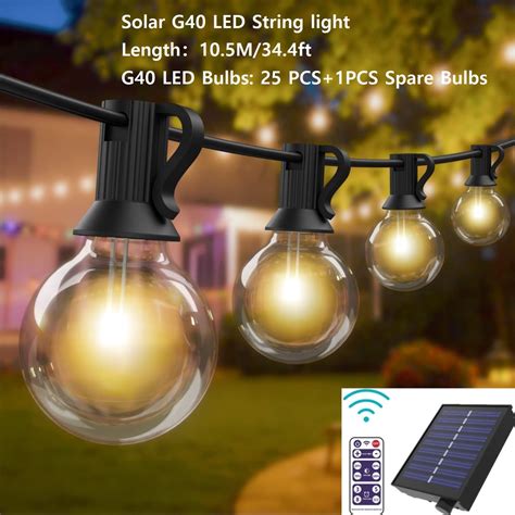 34Ft 25+1 Bulbs Solar Waterproof G40 Led Outdoor String Lights Outside ...