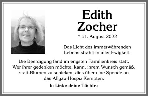 Traueranzeigen Von Edith Zocher Augsburger Allgemeine Zeitung