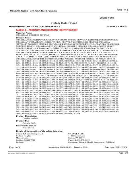 Fillable Online MSDS For 20688 CRAYOLA NO 2 PENCILS Material