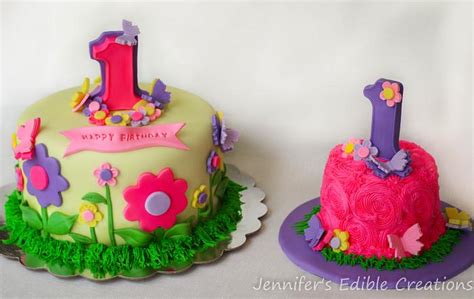 Flowers And Butterflies 1st Birthday Cake With Matching Cakesdecor