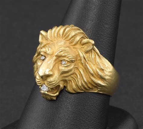 Heavy Detailed Gold Lion Ring With Diamonds By Baumstein Feder Circa