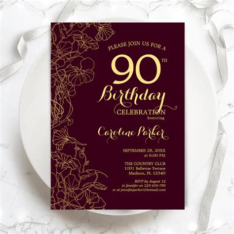 Burgundy Gold Floral 90th Birthday Party Invitation Zazzle