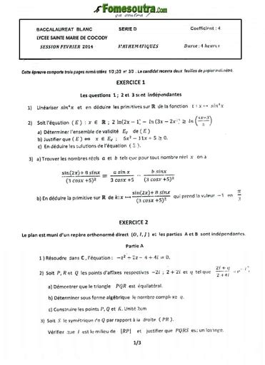 Sujet de Maths BAC blanc série D Lycée Sainte Marie de Cocody 2014