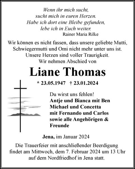 Traueranzeigen Von Liane Thomas Trauer In Thueringen De