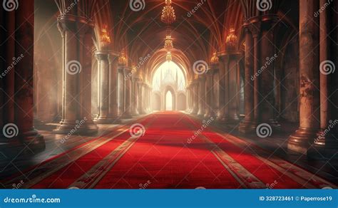 Red Carpet Leading To A King Thrones Inside Of The Palace Castle Stock