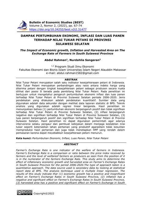 Pdf Dampak Pertumbuhan Ekonomi Inflasi Dan Luas Panen Terhadap