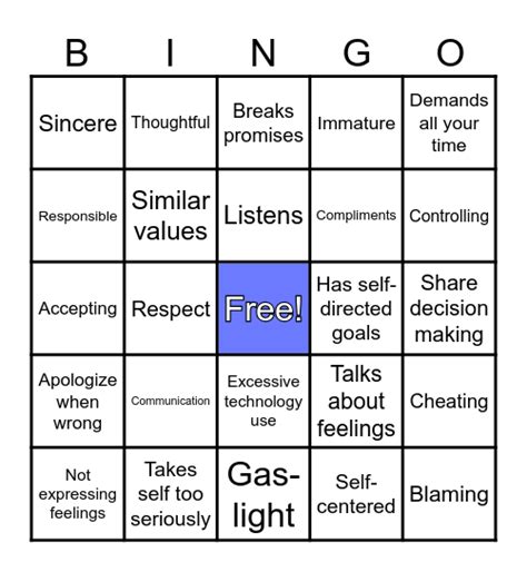 Un Healthy Relationships BINGO Card