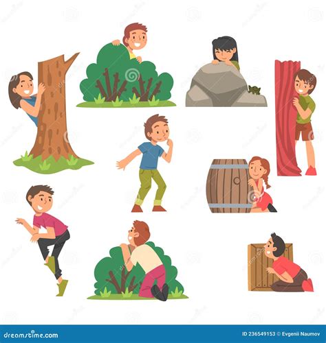 Kids Playing Hide And Seek Concealing Behind Tree And Bush Vector Set