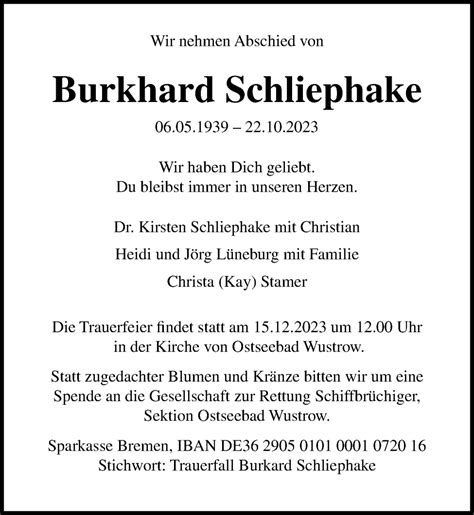 Traueranzeigen Von Burkhard Schliephake Trauer Anzeigen De