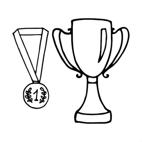 Champion Coupe Et Médaille Set Illustration Vectorielle De Style Doodle