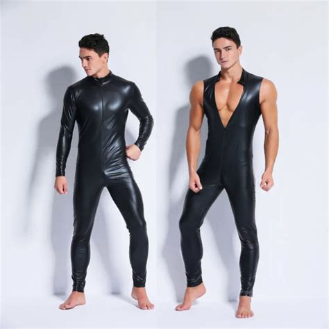 Mens Sexy Underwear Wetlook Patent Leather Bodysuit Front Zip Open