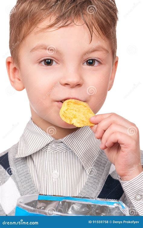 Little Boy With Packet Potato Chips Stock Photo Image Of Hungry Meal