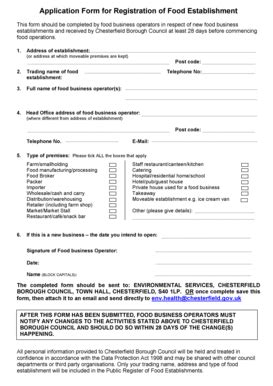 Fillable Online Food Premises Registration Form June 09 Chesterfield