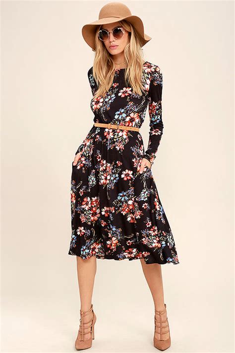 Lovely Navy Blue Dress Floral Print Dress Long Sleeve Dress 38