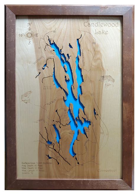 Candlewood Lake Connecticut Laser Cut Wood Map 18 X 27 Natural