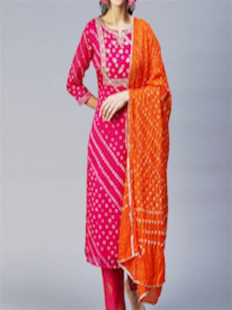 Buy Fashor Women Pink Bandhani Printed Silk Chiffon Kurta With Trousers And With Dupatta Kurta