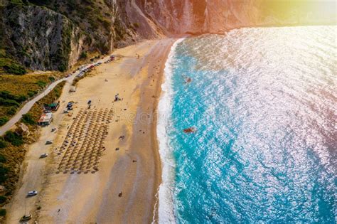 Aerial Drone View Of Iconic Turquoise And Sapphire Bay And Beach Of