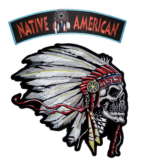 Native American Rocker And Indian Skull Headdress 2 Pc Embroidered Patch Set 2 Sizes Leather