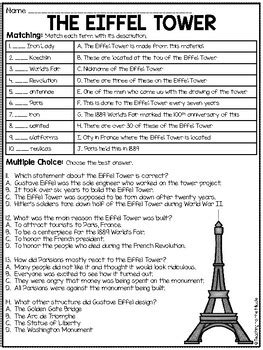 The Eiffel Tower In Paris France Reading Comprehension Worksheet