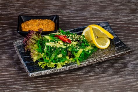 Salad With Kaiso Seaweed With Peanut Sauce Close Up Stock Photo