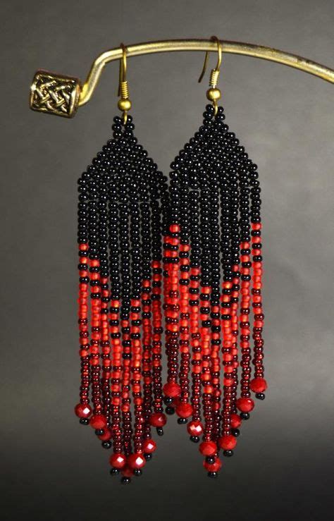 Fringe Beaded Red And Black Earrings In 2020 With Images Bead