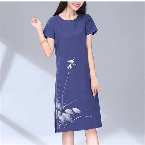 2020 Cotton Linen Plus Size Vintage Floral Women Casual Loose Summer Dress Elegant Clothes Buy