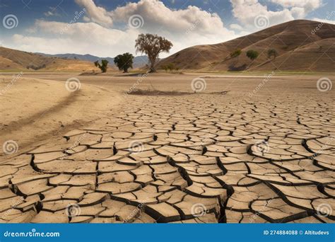 Drought Stricken Landscape With Dry And Cracked Earth Stock Photo