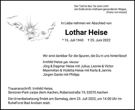 Traueranzeigen Von Lothar Heise Trauer Hna De