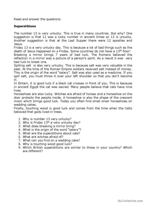 Superstitions Reading For Detail De English Esl Worksheets Pdf Doc