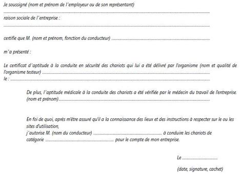 Modele autorisation de conduite chariot élévateur par lemployeur