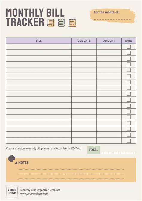 Free Monthly Bills Organizer Templates Worksheets Library